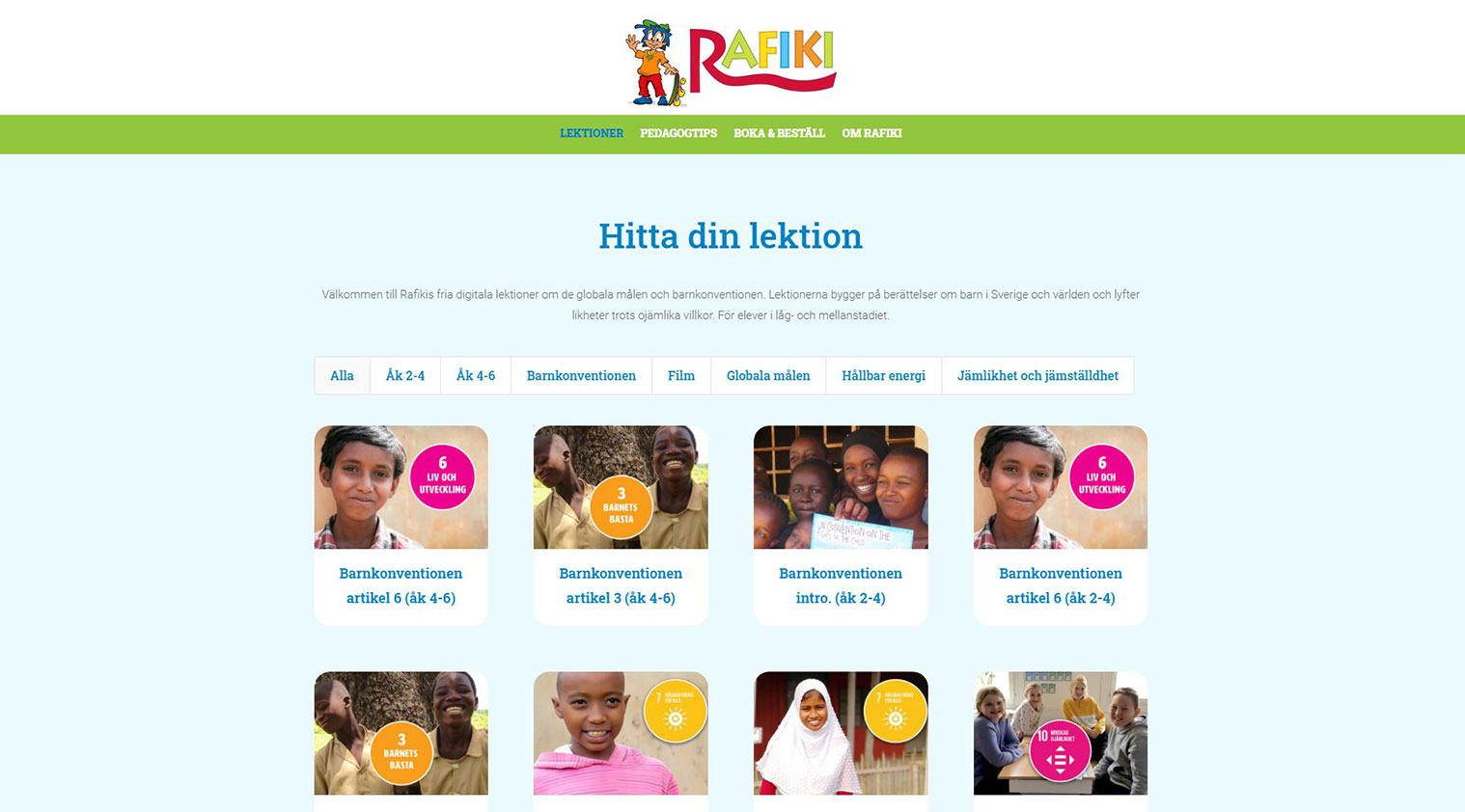 En överblick av lektionsmaterial från Rafikis hemsida