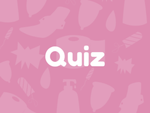 Texten quiz ovanpå en rosa bakgrund med ljusa illustrationer av menshygienprodukter.